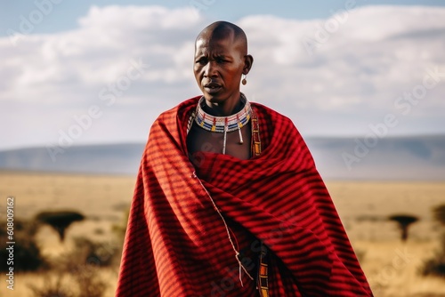 An african Masai in traditional robes created with generative AI technology. photo