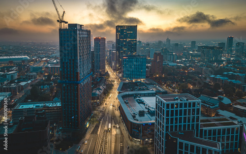 Panoramic aerial shot of Broad Street Birmingham Skyline 2023 with dramatic clouds photo