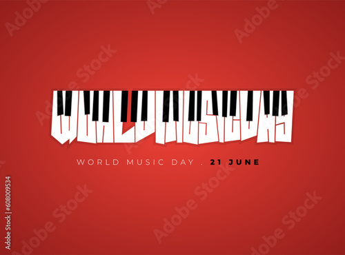 Photography Typography design of world music day with piano style on text design