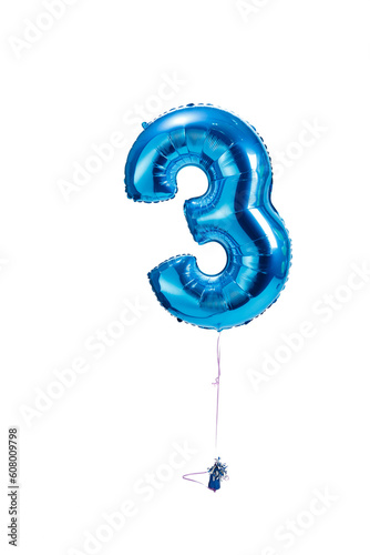 three years blue number balloon, isolated on white
