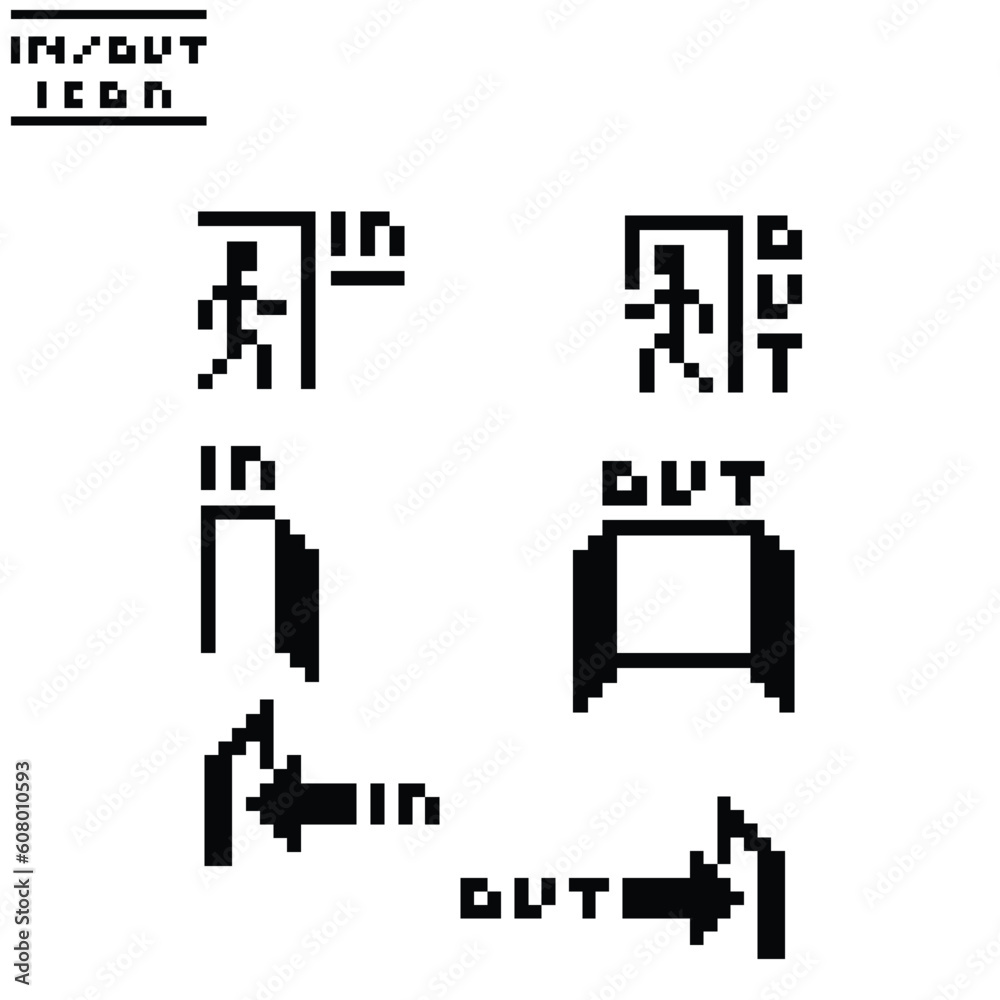 this is in and out icon in pixel art with black color and white background ,this item good for presentations,stickers, icons, t shirt design,game asset,logo and your project.