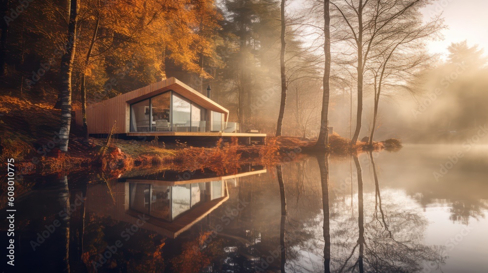 Fototapeta premium Wooden house on a lake in autumn forest, Generative AI