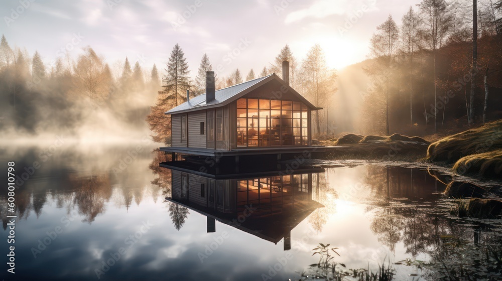 Fototapeta premium Wooden house on a lake in autumn forest, Generative AI