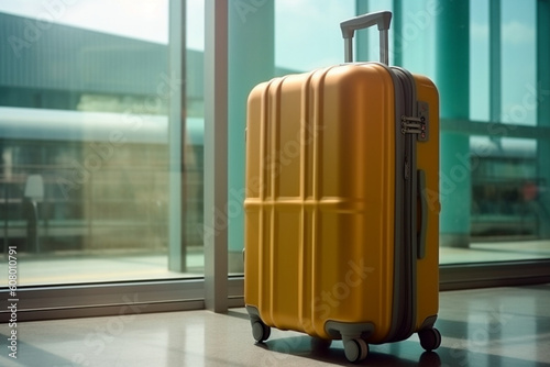 Airport ambiance: Suitcase near windows, ready for departure Generative AI photo