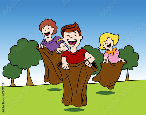 An image of children in a sack race.