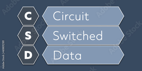 CSD Circuit Switched Data. An Acronym Abbreviation of a term from the software industry. Illustration isolated on blue background