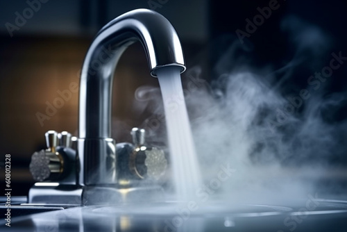 Steam rising from water tap in closeup view Generative AI