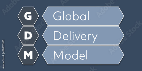 GDM Global Delivery Model. An Acronym Abbreviation of a term from the software industry. Illustration isolated on blue background