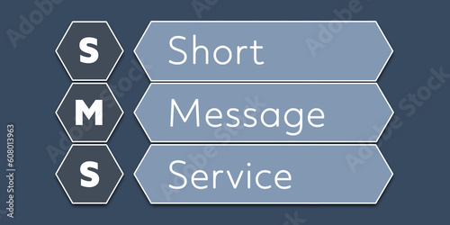 SMS Short Message Service. An Acronym Abbreviation of a term from the software industry. Illustration isolated on blue background
