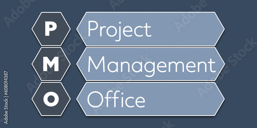PMO Project Management Office. An Acronym Abbreviation of a term from the software industry. Illustration isolated on blue background