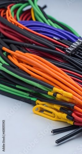 Colorful wire harness and plastic connectors for vehicles, automotive industry and manufacturing.