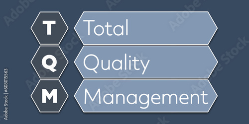 TQM Total Quality Management. An Acronym Abbreviation of a term from the software industry. Illustration isolated on blue background