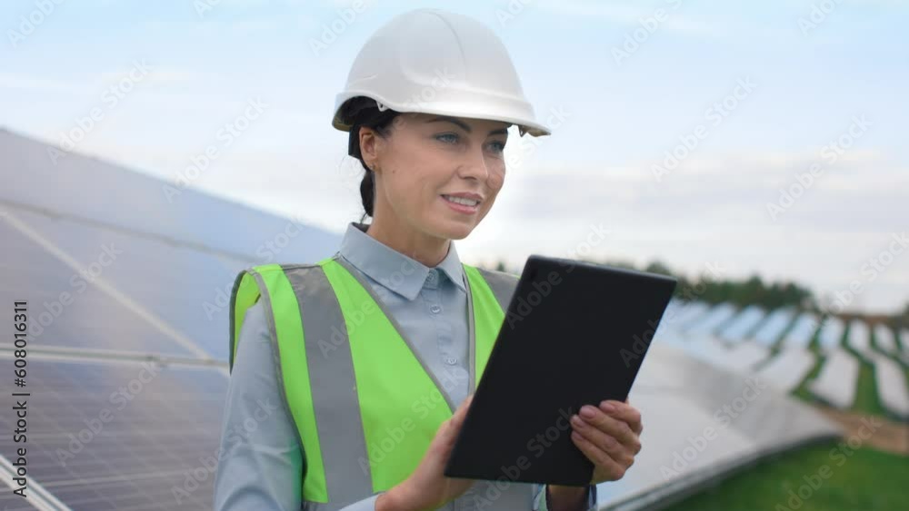 Portrait of business lady in spesial uniform and hard hat on background of solar panels. Female worker is satisfied with job. Woman works with using of tablet outside. Green electricity concept. Portrait of business lady in spesial uniform and hard hat on background of solar panels. Female worker is satisfied with job. Woman works with using of tablet outside. Green electricity concept.