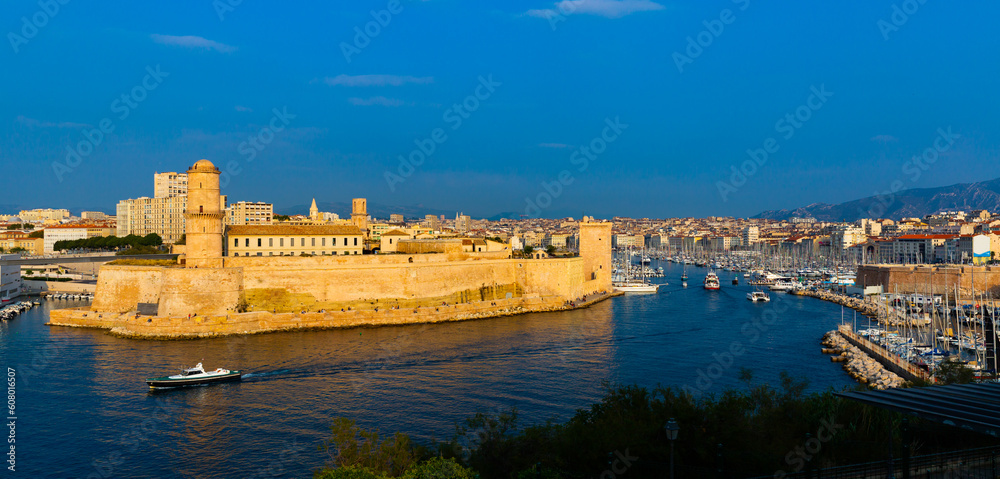 Impressive view of Fort Saint-Jean and and Old Port in Marseille, France, at sunny day