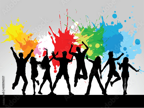 Silhouettes of people dancing on a grunge background