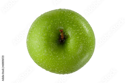 Manzana verde mojada con agua fresca, en vista cenital