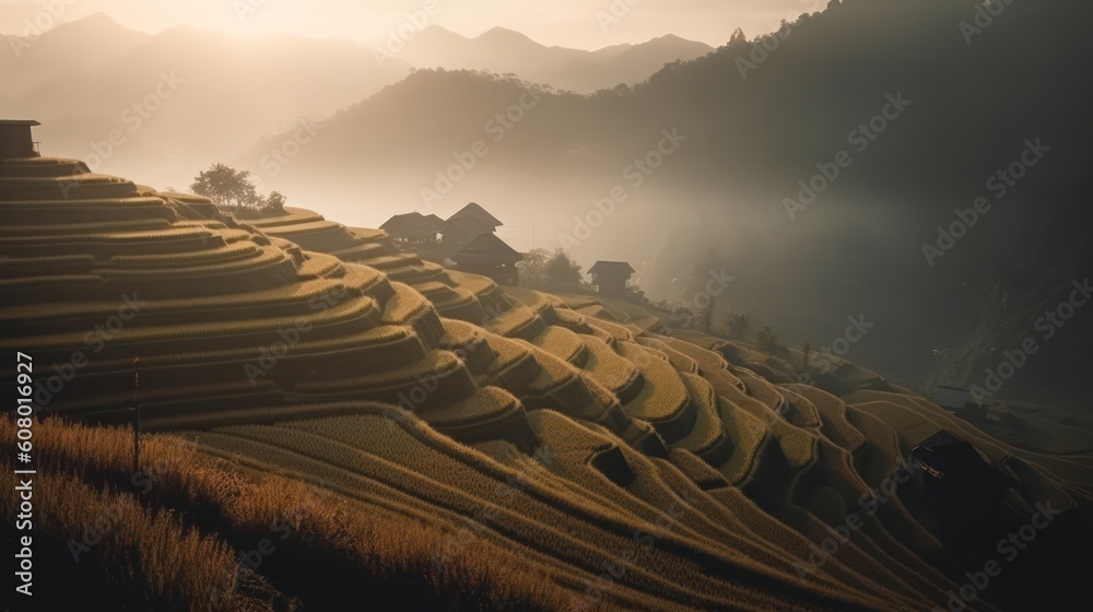 Fototapeta premium Beautiful Rice terraces on the Misty Mountain at sunset, Generative AI