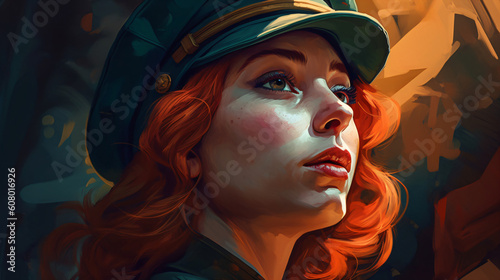 A digital painting of a redhead woman wearing a green hat Generative Ai © Eduardo
