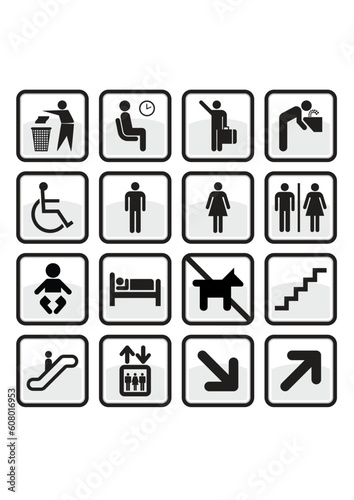 Vector set of international direction or service signs. All vector objects and details are isolated and grouped. Color, background color and glare effect are easy to remove or adjust. Symbols are repl