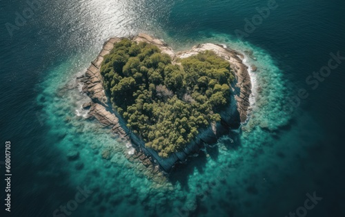 Aerial view of heart shaped island with palm trees and sand beach, Generative AI