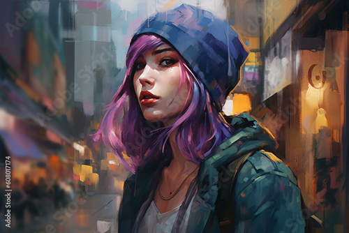 digital painting of a woman with purple hair and a blue beanie Generative Ai