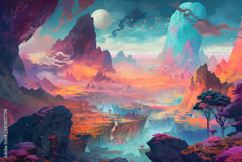A colorful fantasy landscape with mountains Generative Ai © Eduardo