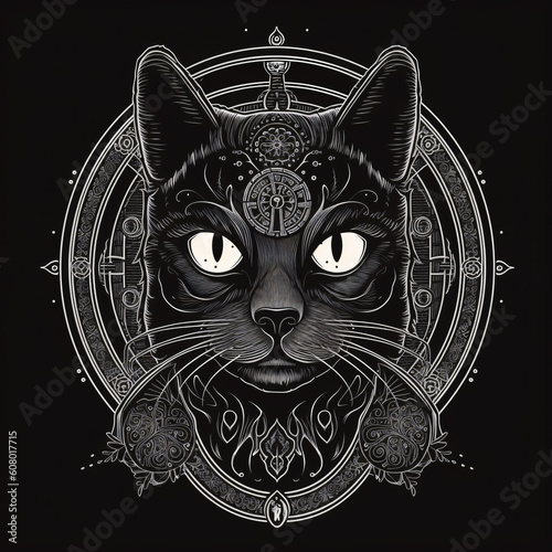 A black cat's face with mystical ornaments around it Generative Ai