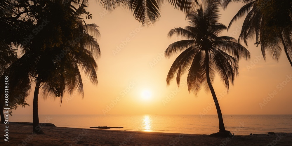 beautiful sunrise Landscape of paradise tropical island beach. Palm tree silhouette at the sides, panoramic sunset background, caribbean vacation concept, generative AI