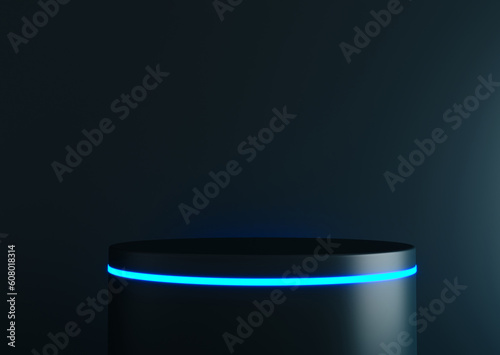 Cylinder podium with blue neon lights on dark background. Concept of design for product display. 