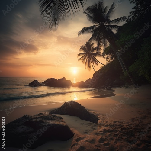 silhouettes of palm trees in a beautiful beach at sunset, sunrise in a caribbean island vacation concept, generative AI