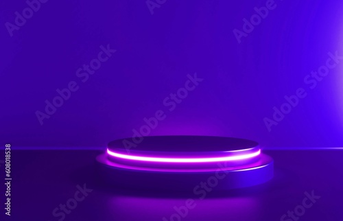 Cylinder podium with white neon lights on purple background. Concept of design for product display. 3d rendering. 