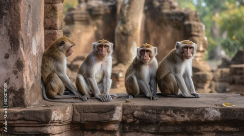 funny monkeys on a wall at a buddhist temple. Generative AI © jr-art
