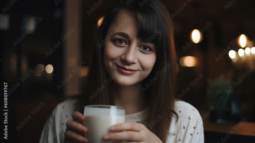 Young beautiful smiling woman with a glass of milk - made with Generative AI tools Young beautiful smiling woman with a glass of milk - made with Generative AI tools