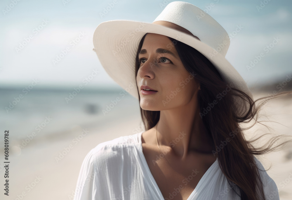 woman at beautiful tropical beach woman in white shirt - made with Generative AI tools woman at beautiful tropical beach woman in white shirt - made with Generative AI tools