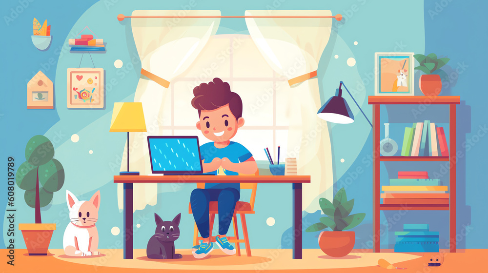Generative AI Homeschooling banner with boy studying with computer at home. Vector illustration in flat style Generative AI Homeschooling banner with boy studying with computer at home. Vector illustration in flat style