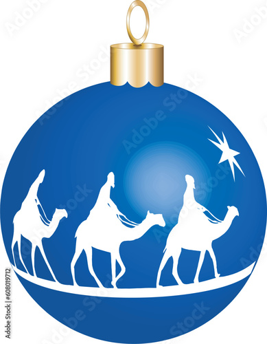 Three wise men on camels going to see baby Jesus didplayed on a christmas ornament. Vector Illustration