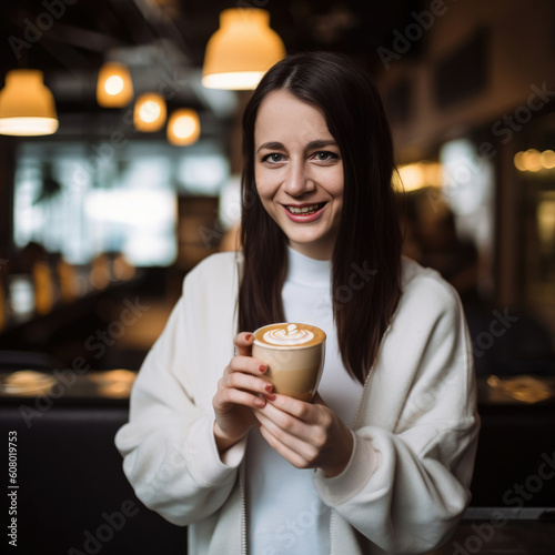 Young beautiful smiling woman drinks a Latte Macchiato - made with Generative AI tools