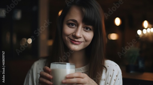 Young beautiful smiling woman with a glass of milk - made with Generative AI tools