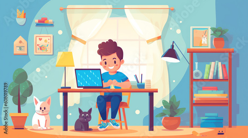Generative AI Homeschooling banner with boy studying with computer at home. Vector illustration in flat style © Generative AI