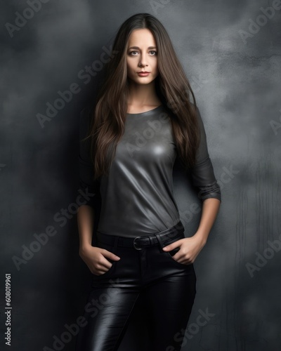 Beautiful young woman with shoulder long straight hair in a studio - made with Generative AI tools