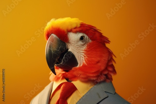 Anthropomorphic parrot dressed in a suit like a businessman. Business Concept. AI generated, human enhanced photo