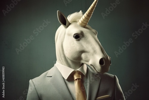 Anthropomorphic fairytale unicorn dressed in a suit like a businessman. Business Concept. AI generated, human enhanced © top images