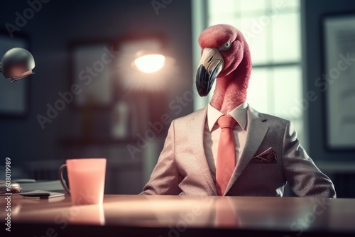 Anthropomorphic pink flamingo dressed in a suit like a businessman. Business Concept. AI generated, human enhanced