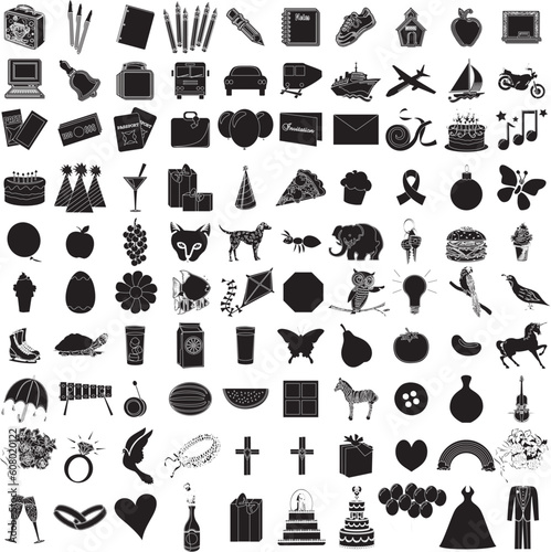 Vector Illustration of 100 Icon Objects with outlines. Everything from holiday to supplies.