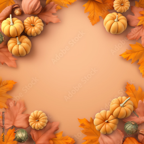 Generative AI Pumpkin pattern with autumn leaves. Seasonal background. Cute vector illustration
