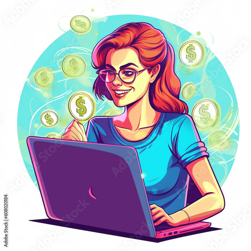 Generative AI Earn money online, woman with a computer and coins. Vector illustration in flat style