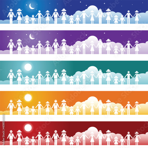 Set of icons representing a family of multiple people in a simplified style.