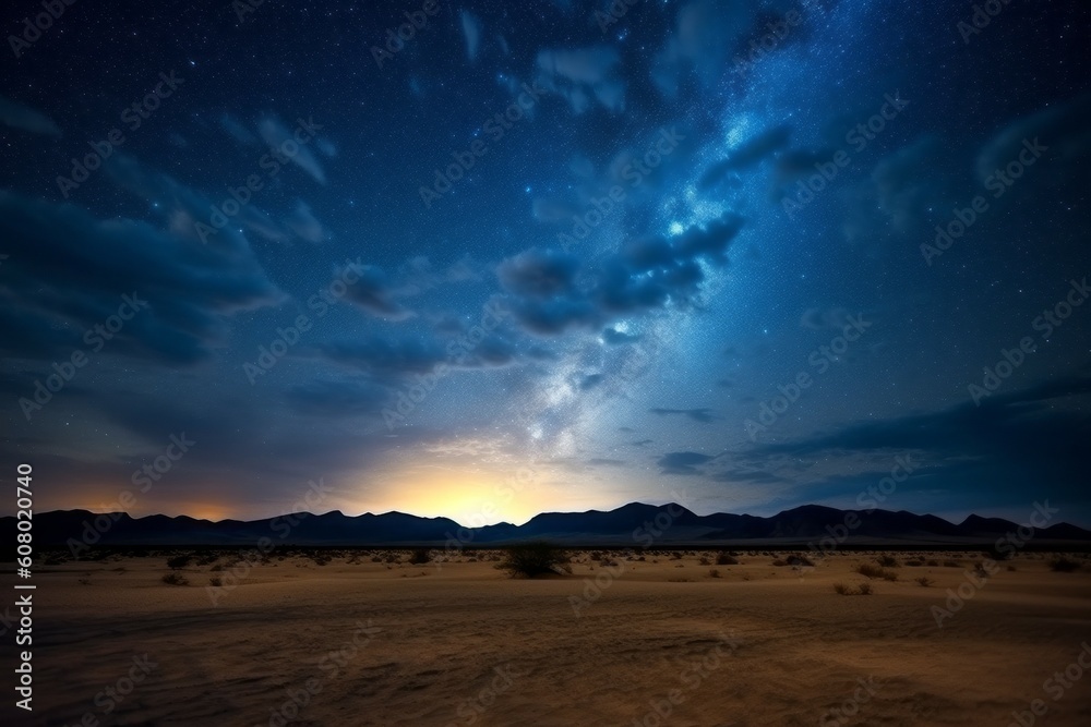 Desert and night august sky with stars. AI generated, human enhanced.