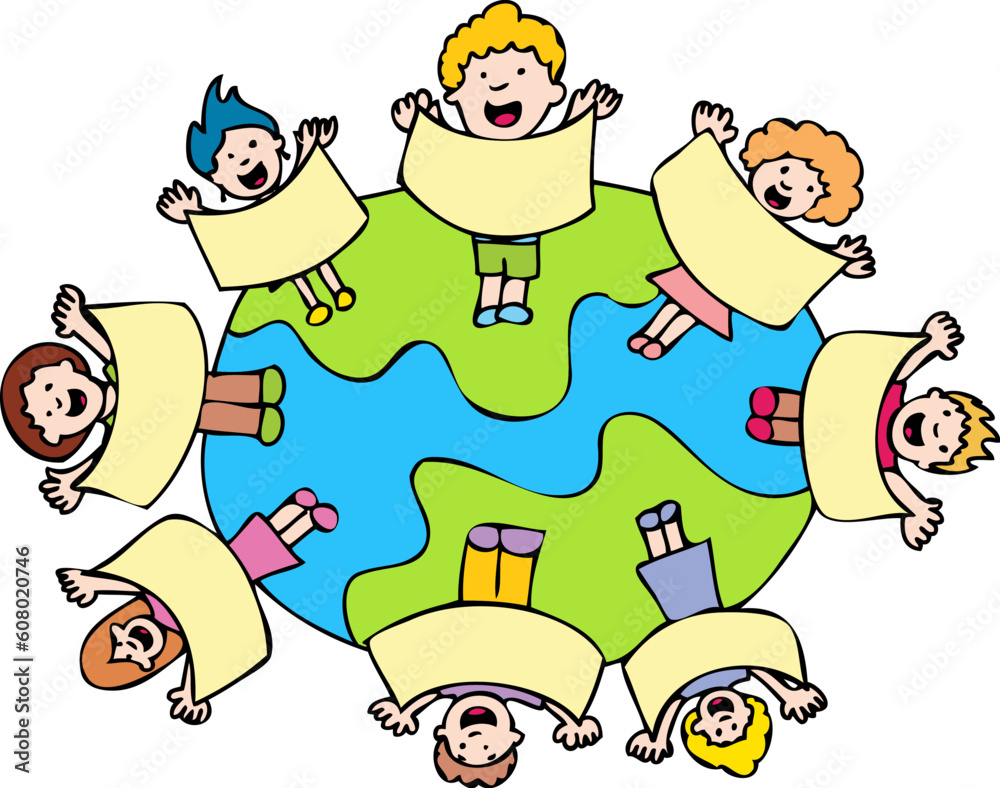 Globe with surrounding children holding blank banners. Globe with surrounding children holding blank banners.