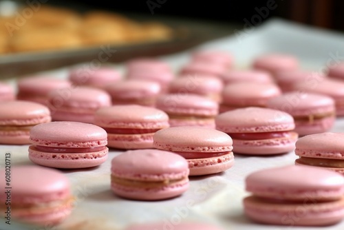 Set of Many tasty macarons purple pink on bright background. colorful french cookies. homemade food. AI generated